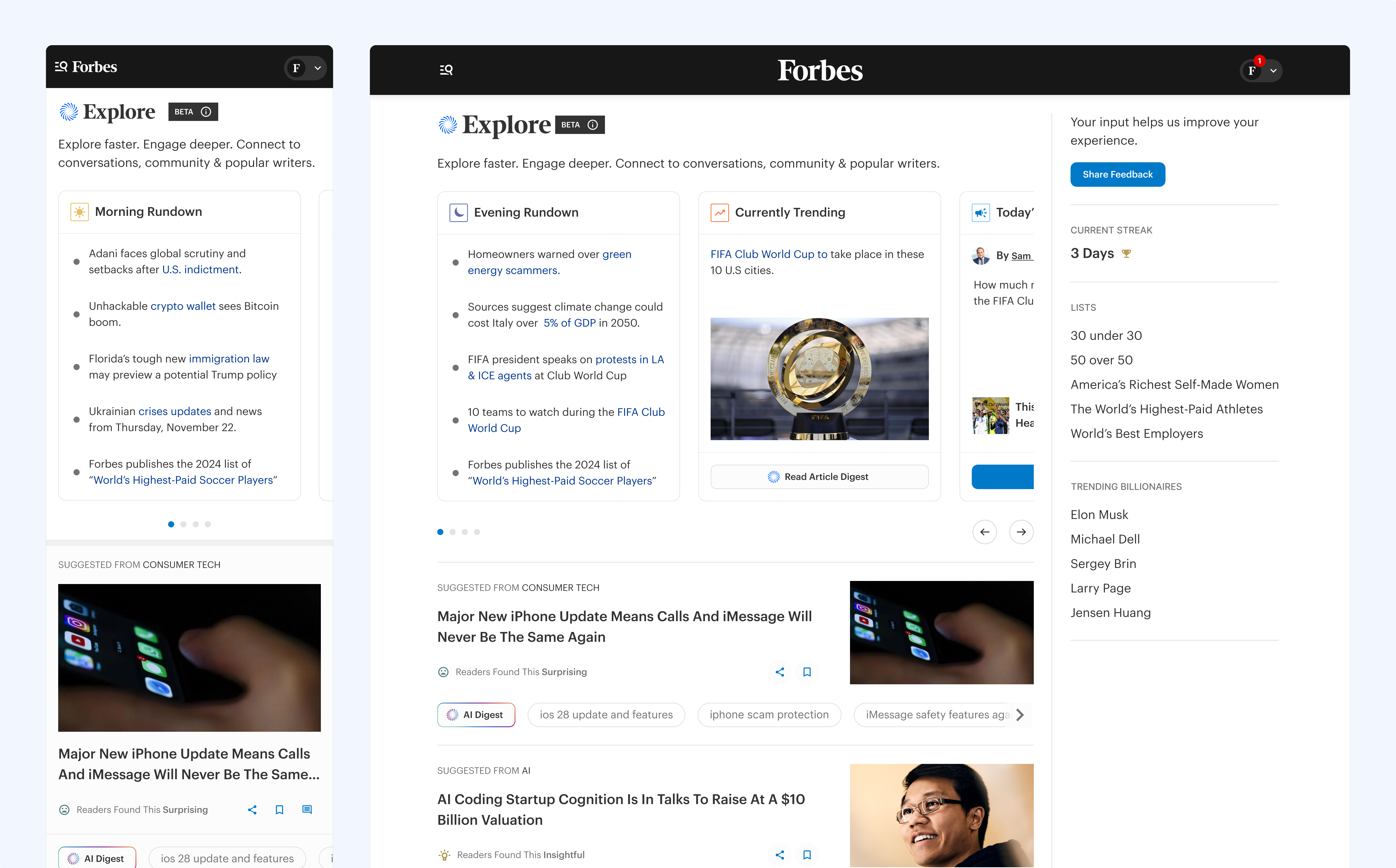 Forbes Explore interface showing personalized content recommendations